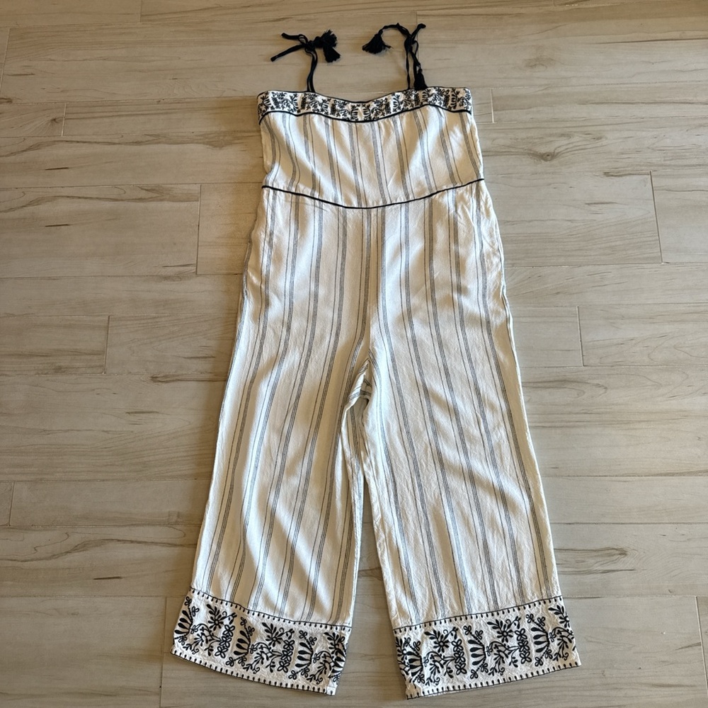 Black White Striped Wide Leg Jumpsuit Embroidered Straps Size L